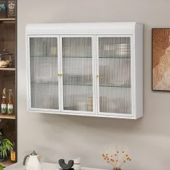 Okwish Armoire Murale 3 Portes en Verre et Métal - Meuble de Rangement Suspendu pour Cuisine et Salon, 90x16x70 cm, Blanc* Armoire De Salle De Bains