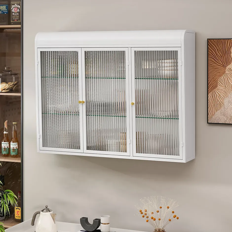 Okwish Armoire Murale 3 Portes en Verre et Métal - Meuble de Rangement Suspendu pour Cuisine et Salon, 90x16x70 cm, Blanc* Armoire De Salle De Bains