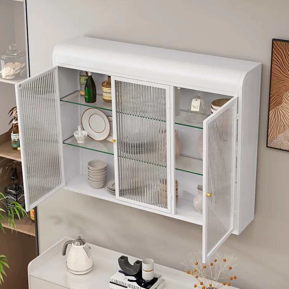 Okwish Armoire Murale 3 Portes en Verre et Métal - Meuble de Rangement Suspendu pour Cuisine et Salon, 90x16x70 cm, Blanc* Armoire De Salle De Bains