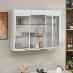 Okwish Armoire Murale 3 Portes en Verre et Métal - Meuble de Rangement Suspendu pour Cuisine et Salon, 90x16x70 cm, Blanc* Armoire De Salle De Bains