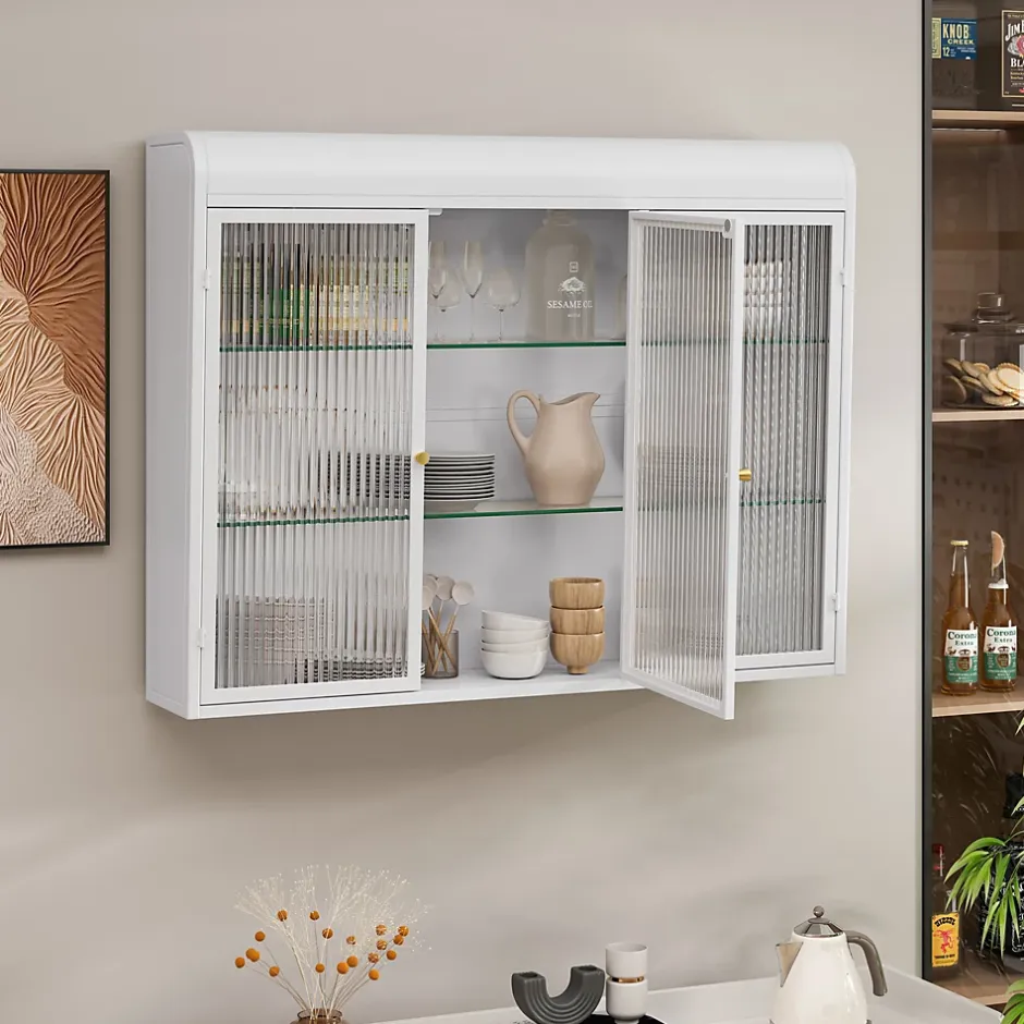 Okwish Armoire Murale 3 Portes en Verre et Métal - Meuble de Rangement Suspendu pour Cuisine et Salon, 90x16x70 cm, Blanc* Armoire De Salle De Bains