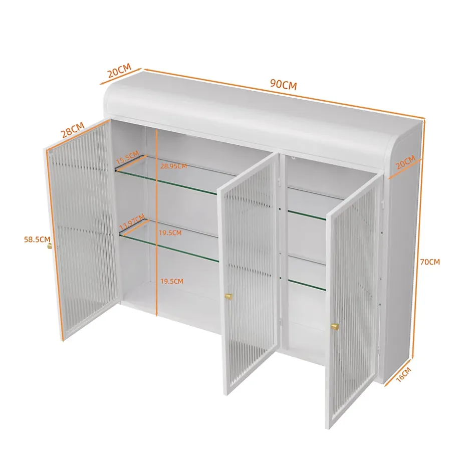 Okwish Armoire Murale 3 Portes en Verre et Métal - Meuble de Rangement Suspendu pour Cuisine et Salon, 90x16x70 cm, Blanc* Armoire De Salle De Bains