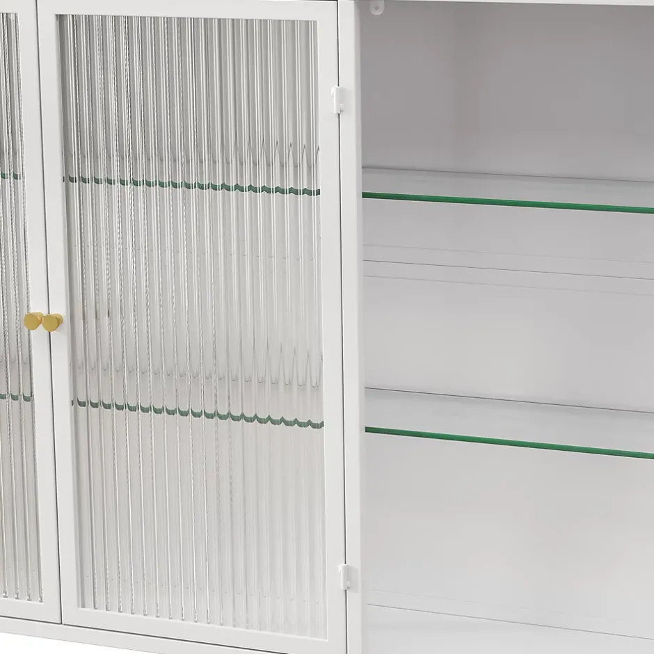 Okwish Armoire Murale 3 Portes en Verre et Métal - Meuble de Rangement Suspendu pour Cuisine et Salon, 90x16x70 cm, Blanc* Armoire De Salle De Bains