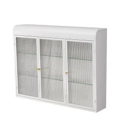 Okwish Armoire Murale 3 Portes en Verre et Métal - Meuble de Rangement Suspendu pour Cuisine et Salon, 90x16x70 cm, Blanc* Armoire De Salle De Bains