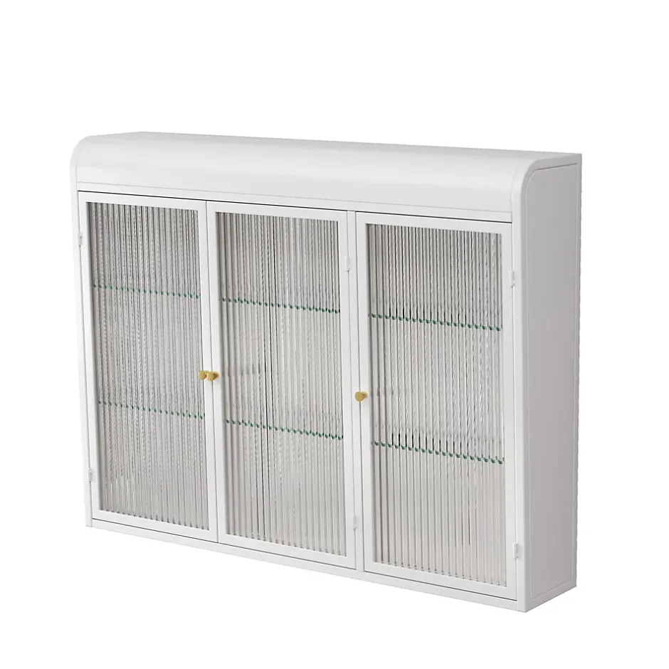 Okwish Armoire Murale 3 Portes en Verre et Métal - Meuble de Rangement Suspendu pour Cuisine et Salon, 90x16x70 cm, Blanc* Armoire De Salle De Bains