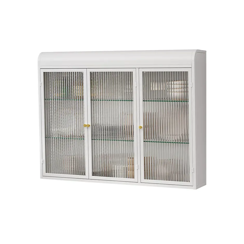 Okwish Armoire Murale 3 Portes en Verre et Métal - Meuble de Rangement Suspendu pour Cuisine et Salon, 90x16x70 cm, Blanc* Armoire De Salle De Bains