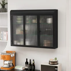Okwish Armoire Murale 3 Portes Salle de Bain design Moderne avec Cadre Métal Noir et Verre, Meuble de Rangement, Noir