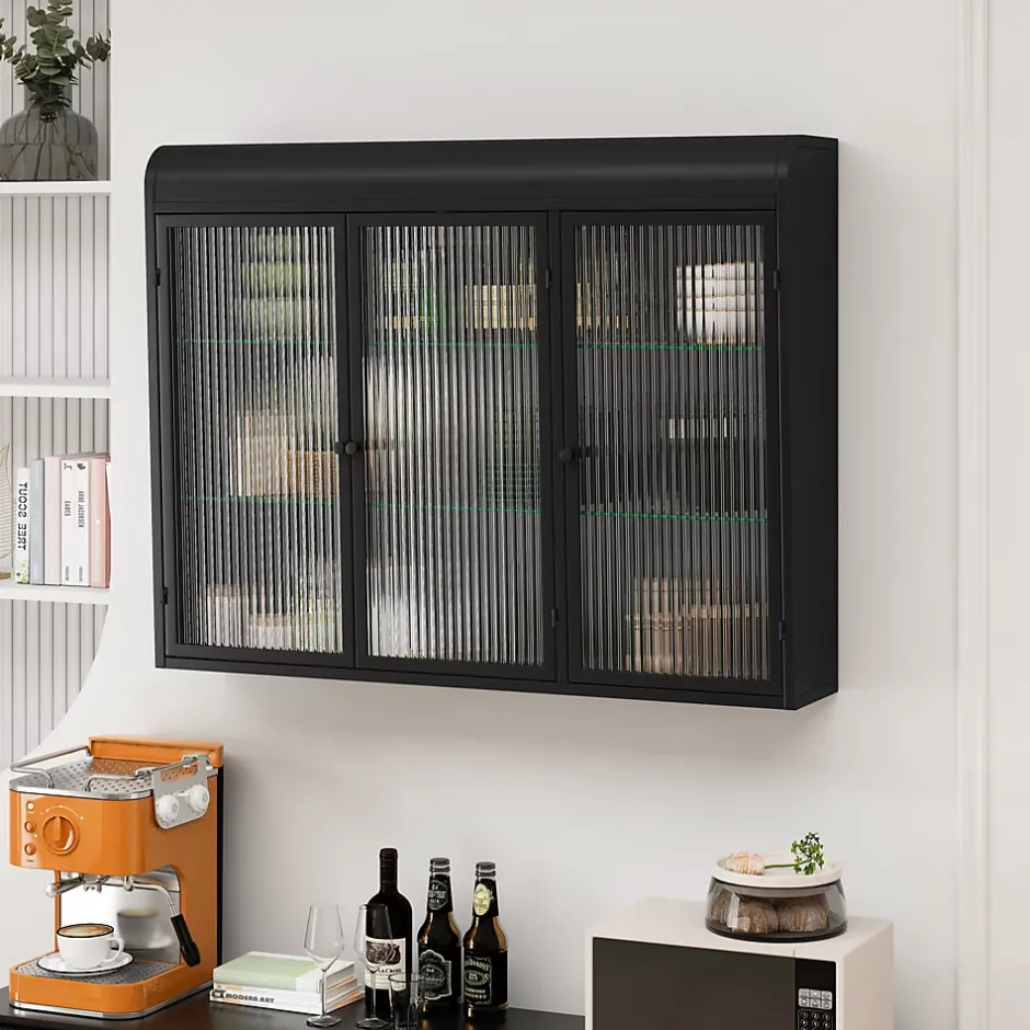 Okwish Armoire Murale 3 Portes Salle de Bain design Moderne avec Cadre Métal Noir et Verre, Meuble de Rangement, Noir