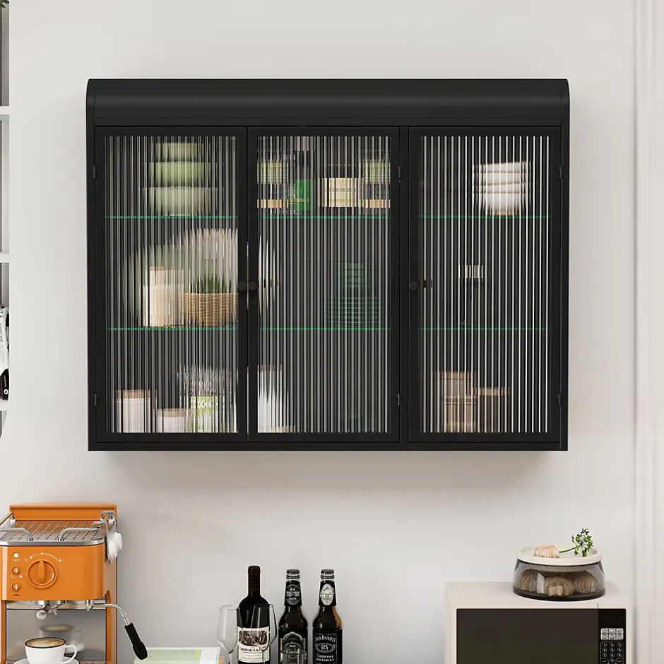Okwish Armoire Murale 3 Portes Salle de Bain design Moderne avec Cadre Métal Noir et Verre, Meuble de Rangement, Noir