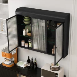 Okwish Armoire Murale 3 Portes Salle de Bain design Moderne avec Cadre Métal Noir et Verre, Meuble de Rangement, Noir