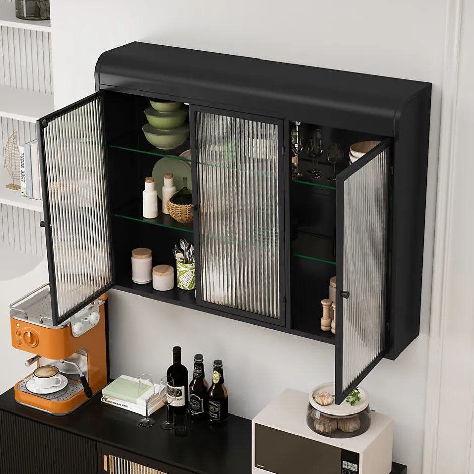 Okwish Armoire Murale 3 Portes Salle de Bain design Moderne avec Cadre Métal Noir et Verre, Meuble de Rangement, Noir