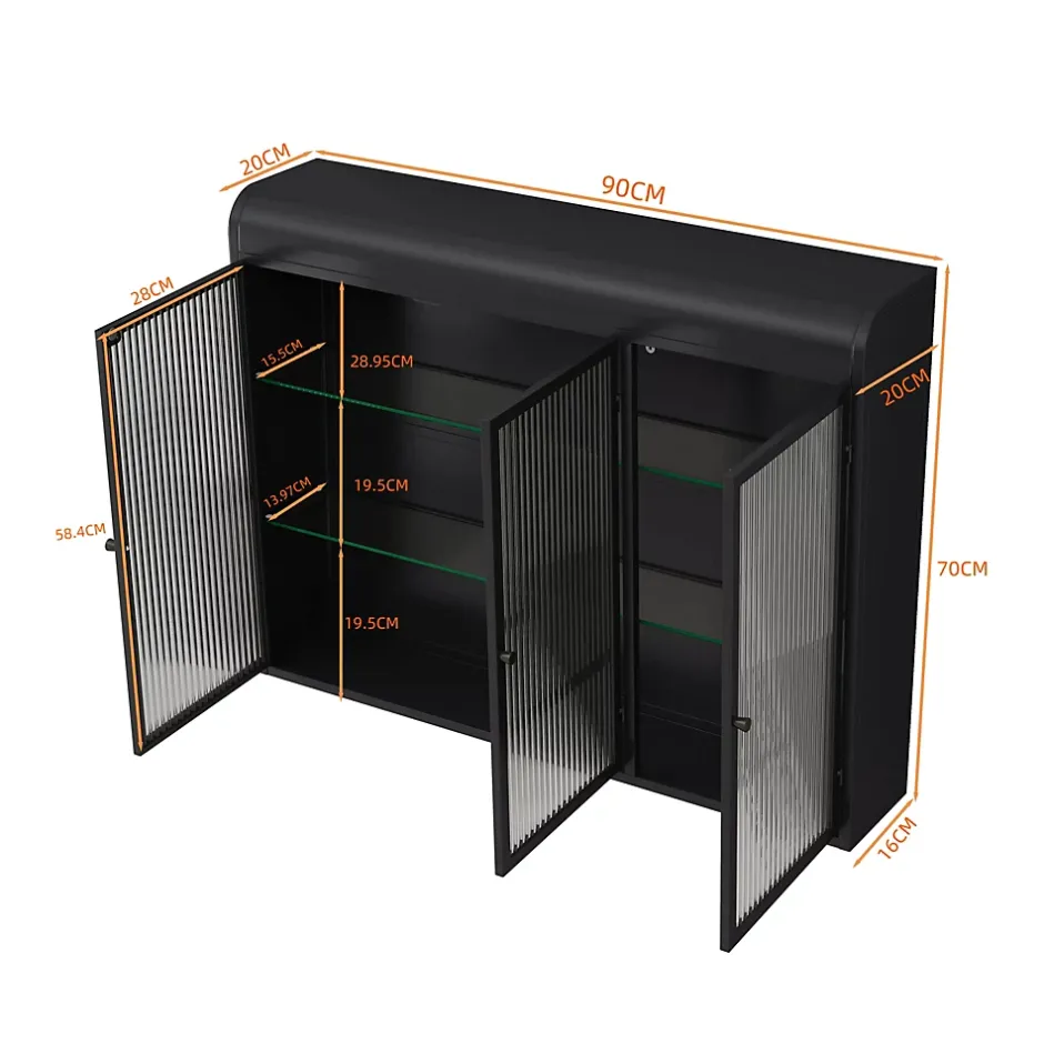 Okwish Armoire Murale 3 Portes Salle de Bain design Moderne avec Cadre Métal Noir et Verre, Meuble de Rangement, Noir