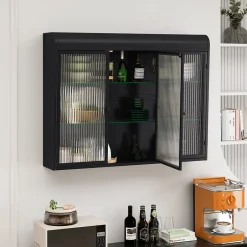 Okwish Armoire Murale 3 Portes Salle de Bain design Moderne avec Cadre Métal Noir et Verre, Meuble de Rangement, Noir