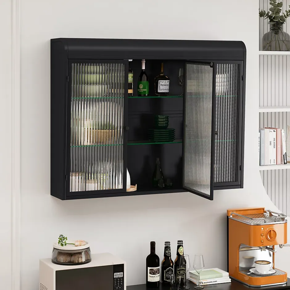 Okwish Armoire Murale 3 Portes Salle de Bain design Moderne avec Cadre Métal Noir et Verre, Meuble de Rangement, Noir