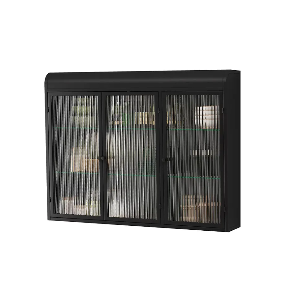 Okwish Armoire Murale 3 Portes Salle de Bain design Moderne avec Cadre Métal Noir et Verre, Meuble de Rangement, Noir