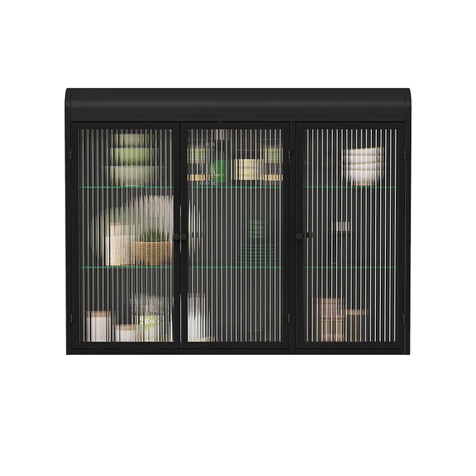 Okwish Armoire Murale 3 Portes Salle de Bain design Moderne avec Cadre Métal Noir et Verre, Meuble de Rangement, Noir