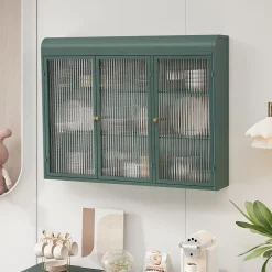 Okwish Armoire Murale 3 Portes Salle de Bain design Moderne avec Cadre Métal Vert et Verre, Meuble de Rangement, Vert foncé* Armoire De Salle De Bains