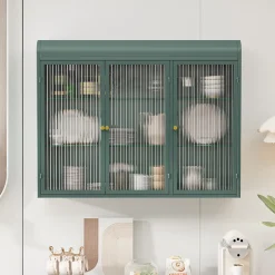 Okwish Armoire Murale 3 Portes Salle de Bain design Moderne avec Cadre Métal Vert et Verre, Meuble de Rangement, Vert foncé* Armoire De Salle De Bains