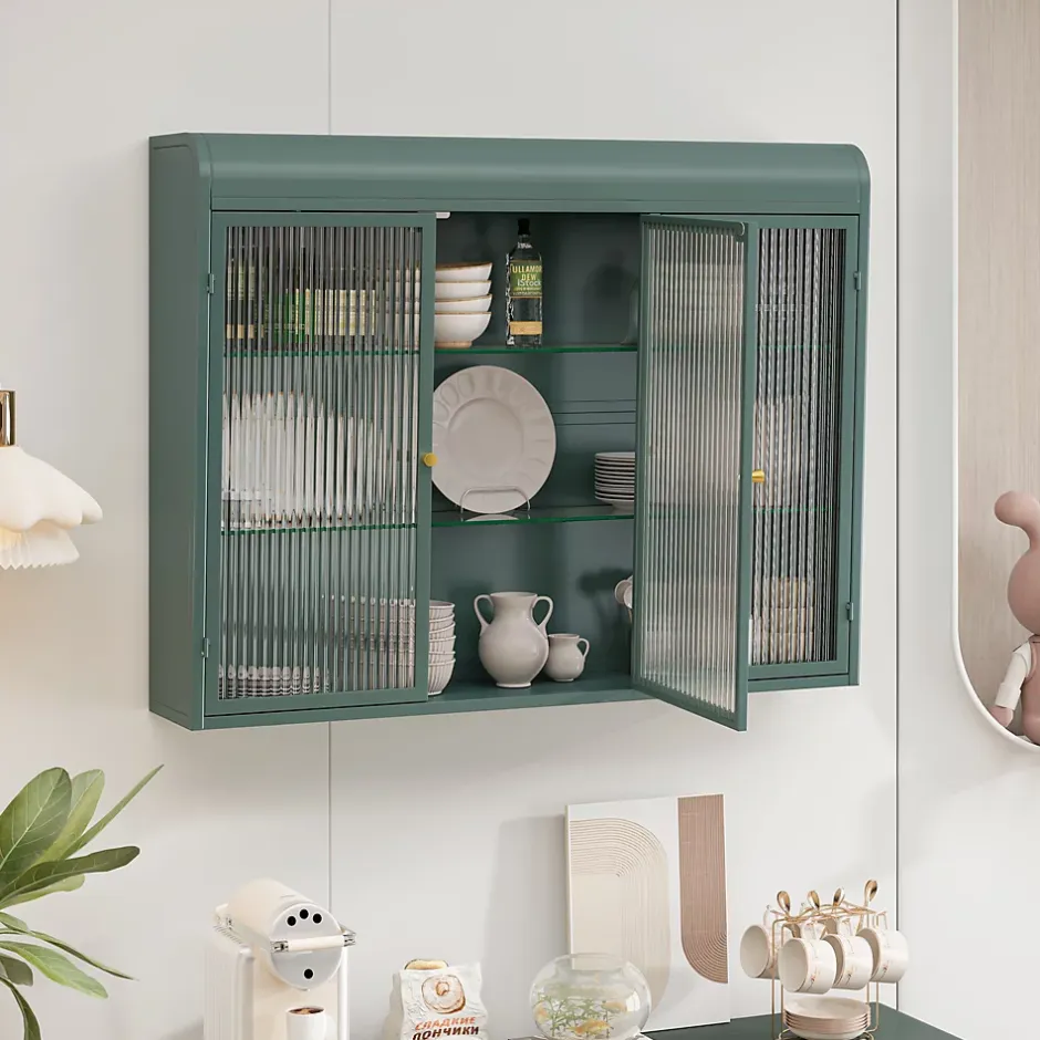 Okwish Armoire Murale 3 Portes Salle de Bain design Moderne avec Cadre Métal Vert et Verre, Meuble de Rangement, Vert foncé* Armoire De Salle De Bains