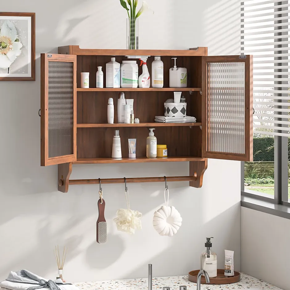 Okwish Armoire Murale avec Portes Vitrées et Porte-Serviettes, Meuble Mural Vintage en Bois Massif avec 3 Étagères - 63x18x60 cm - Brun* Armoire De Salle De Bains