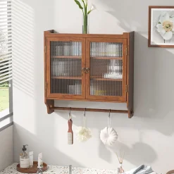 Okwish Armoire Murale avec Portes Vitrées et Porte-Serviettes, Meuble Mural Vintage en Bois Massif avec 3 Étagères - 63x18x60 cm - Brun* Armoire De Salle De Bains