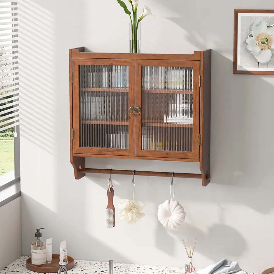 Okwish Armoire Murale avec Portes Vitrées et Porte-Serviettes, Meuble Mural Vintage en Bois Massif avec 3 Étagères - 63x18x60 cm - Brun* Armoire De Salle De Bains