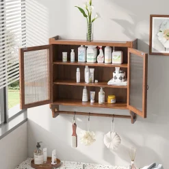 Okwish Armoire Murale avec Portes Vitrées et Porte-Serviettes, Meuble Mural Vintage en Bois Massif avec 3 Étagères - 63x18x60 cm - Brun* Armoire De Salle De Bains