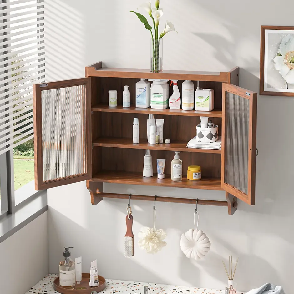 Okwish Armoire Murale avec Portes Vitrées et Porte-Serviettes, Meuble Mural Vintage en Bois Massif avec 3 Étagères - 63x18x60 cm - Brun* Armoire De Salle De Bains
