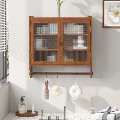 Okwish Armoire Murale avec Portes Vitrées et Porte-Serviettes, Meuble Mural Vintage en Bois Massif avec 3 Étagères - 63x18x60 cm - Brun* Armoire De Salle De Bains