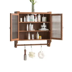 Okwish Armoire Murale avec Portes Vitrées et Porte-Serviettes, Meuble Mural Vintage en Bois Massif avec 3 Étagères - 63x18x60 cm - Brun* Armoire De Salle De Bains