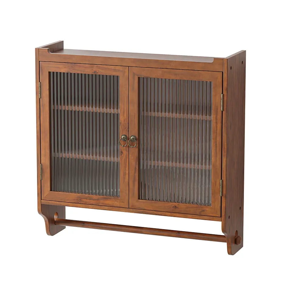 Okwish Armoire Murale avec Portes Vitrées et Porte-Serviettes, Meuble Mural Vintage en Bois Massif avec 3 Étagères - 63x18x60 cm - Brun* Armoire De Salle De Bains
