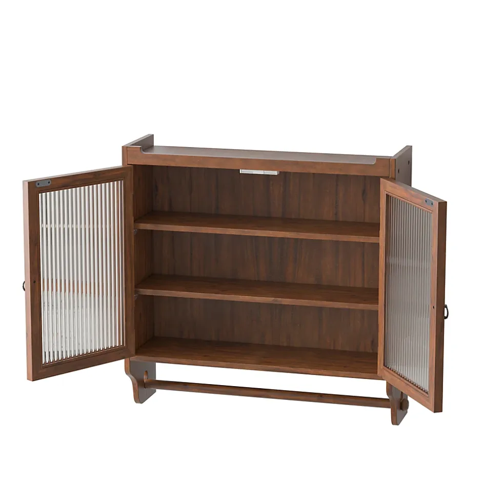 Okwish Armoire Murale avec Portes Vitrées et Porte-Serviettes, Meuble Mural Vintage en Bois Massif avec 3 Étagères - 63x18x60 cm - Brun* Armoire De Salle De Bains
