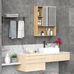 Homcom Armoire murale de rangement salle de bain avec porte miroir couleur bois de chêne dim. 60L x 15l x H76 cm