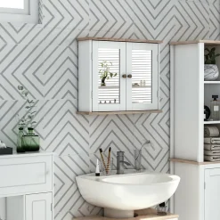 Homcom Armoire murale de salle de bain avec étagère réglable et 2 portes avec miroir en MDF - dim. 56I x 14P x 46H cm* Armoire De Toilette