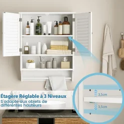 Giantex Armoire Murale de Salle de Bain avec Portes à Persiennes Porte Serviettes Armoire à Pharmacie avec étagère Réglable Blanc* Armoire De Salle De Bains|Meuble De Salle De Bains Faible Profondeur