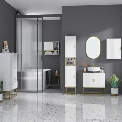 kleankin Armoire murale de salle de bain - porte, 2 étagères, 2 niches - acier doré MDF blanc* Armoire De Salle De Bains