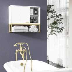 kleankin Armoire murale de salle de bain - porte, 2 étagères, 2 niches - acier doré MDF blanc* Armoire De Salle De Bains