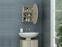 Vente-unique Armoire murale de salle de bain ovale avec miroir - Couleur chêne - RURI
