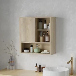 Homcom Armoire murale de salle de bain style bohème chic - porte coulissante, étagère, niche - effet bois clair* Armoire De Salle De Bains