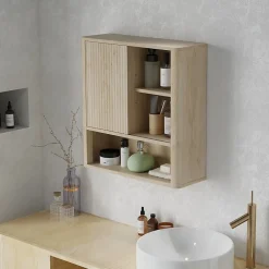 Homcom Armoire murale de salle de bain style bohème chic - porte coulissante, étagère, niche - effet bois clair* Armoire De Salle De Bains