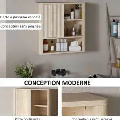 Homcom Armoire murale de salle de bain style bohème chic - porte coulissante, étagère, niche - effet bois clair* Armoire De Salle De Bains