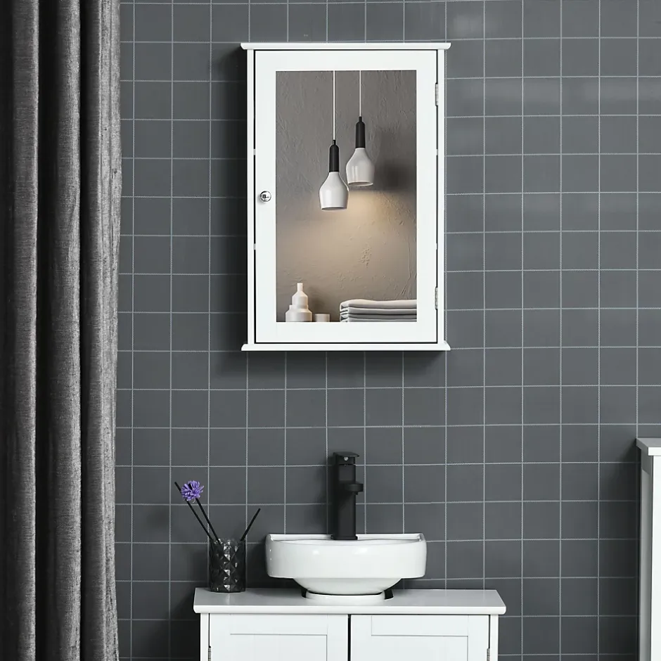 kleankin Armoire murale de salle de bain avec miroir - armoire à glace - placard de rangement toilettes - 1 porte, 2 étagères - blanc