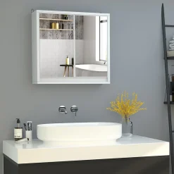 Homcom Armoire murale miroir salle de bain 2 étagères dim. 48L x 14l x 45H cm panneaux particules MDF blanc