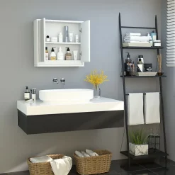 Homcom Armoire murale miroir salle de bain 2 étagères dim. 48L x 14l x 45H cm panneaux particules MDF blanc