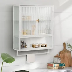 Okwish Armoire Murale Moderne avec Portes Vitrées et Porte-Serviettes, Meuble Mural avec Étagères - 60x23x78 cm - Blanc, Verre+Métal