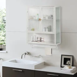 Okwish Armoire Murale Moderne avec Portes Vitrées et Porte-Serviettes, Meuble Mural avec Étagères - 60x23x78 cm - Blanc, Verre+Métal