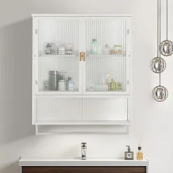 Okwish Armoire Murale Moderne avec Portes Vitrées et Porte-Serviettes, Meuble Mural avec Étagères - 60x23x78 cm - Blanc, Verre+Métal