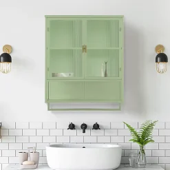 Okwish Armoire Murale Moderne avec Portes Vitrées et Porte-Serviettes, Meuble Mural avec Étagères - 60x23x78 cm - Vert, Verre+Métal* Armoire De Salle De Bains