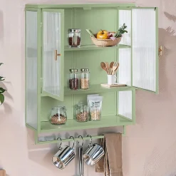 Okwish Armoire Murale Moderne avec Portes Vitrées et Porte-Serviettes, Meuble Mural avec Étagères - 60x23x78 cm - Vert, Verre+Métal* Armoire De Salle De Bains