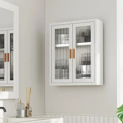 Homcom Armoire murale métal salle de bain étagère 2 portes acrylique cannelé 40 x 14 x 50 cm blanc doré